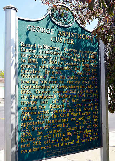 Michigan Historic Marker dedicated to George Custer in Monroe, MI. Image ©2015 Look Around You Ventures, LLC.